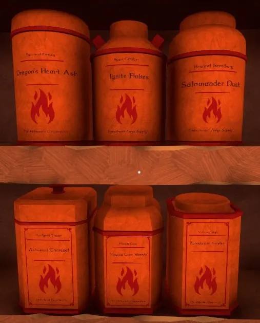 Pyromantic boxes with flame labels, Dragon's Heart Ash and Salamander Dust among them