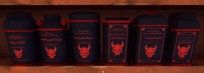 A row of six Abyssal boxes with horned red skulls: Plague Soil, Hellhound Fangs, Voidweed Roots, Demon Horn Dust, Torment Shards and Cursed Bone Fragments