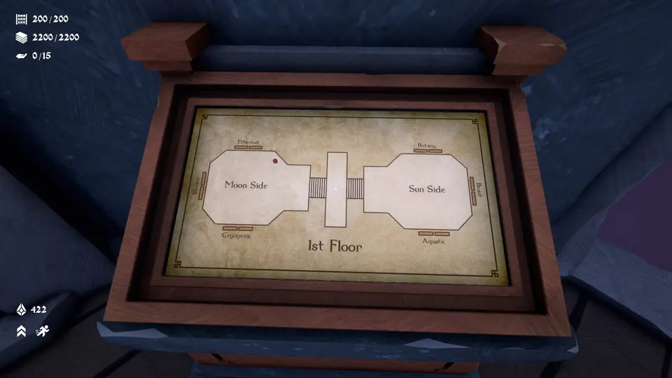 The Map 3 1st floor map, showing Ethereal, Illusion and Cryogenic on the Moon Side and Botany, Beast and Aquatic on the Sun Side, counters at 200/200